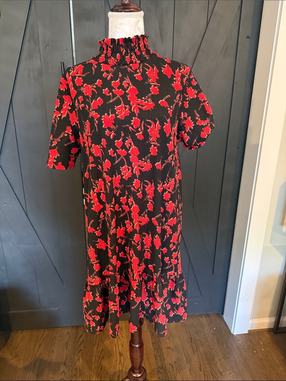 Zara Black Dress with Red Floral Print and Ruffled Neck